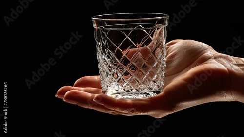 Elegant image of a hand holding a vintage tumbler glass, empty to highlight the intricate glass pattern, against a clean, isolated background, studio lighting © Alpha