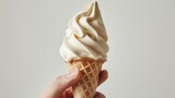 Hand holding a milk ice cream cone with perfect swirls, set against a pure white background for a striking ad, precision studio lighting
