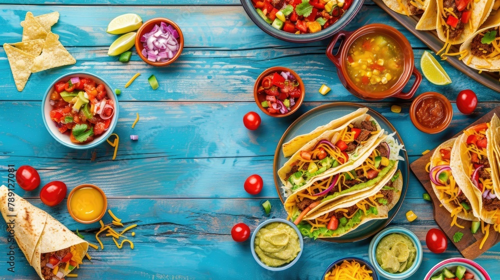 Capture the vibrant essence of Mexican cuisine laid out against a rustic blue wood backdrop The assortment includes tacos burritos nachos enchiladas tortilla soup and salad creating a tanta