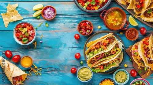 Wallpaper Mural Capture the vibrant essence of Mexican cuisine laid out against a rustic blue wood backdrop The assortment includes tacos burritos nachos enchiladas tortilla soup and salad creating a tanta Torontodigital.ca