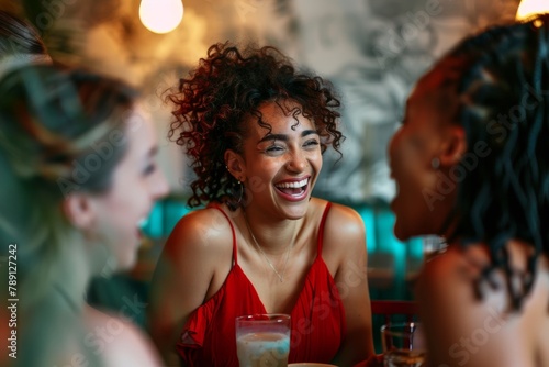 Transgender woman in red dress enjoying laughter with friends at a cafe
