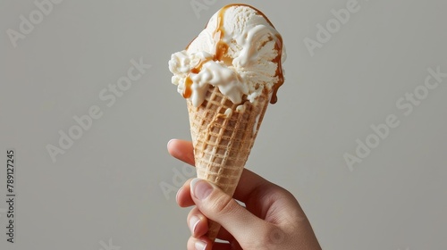 Professional photo for advertising a hand holding a cone with two-tone ice cream, caramel and vanilla, set against a clean isolated background, studio lighting