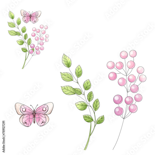 Watercolor clipart of pink berries branch with butterfly. Isolated. Springtime farmer kit in cartoon, romantic style for postcard, scrapbooking, sticker, poster, packing. Hand drawn