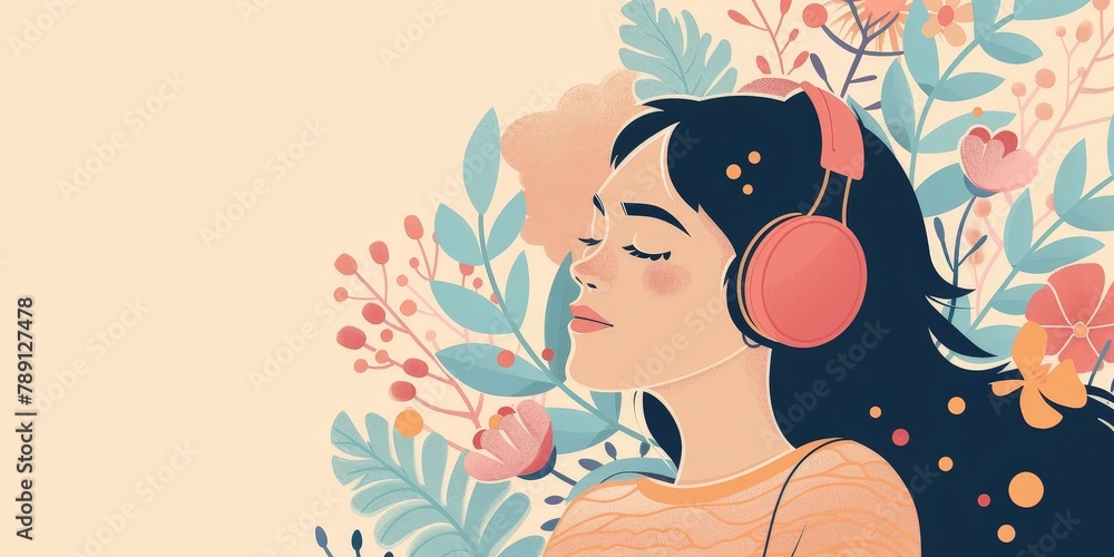 A woman is wearing headphones and looking at the camera. The background is a colorful floral design. Concept of relaxation and tranquility