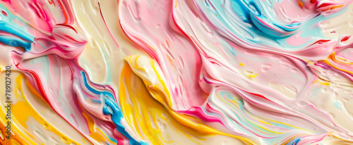 An abstract food background with vibrant streaks resembling swirls of icing on a freshly baked cake