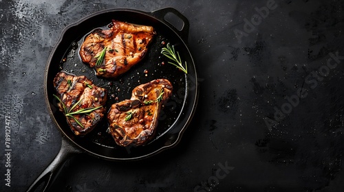 Grilled pork steak in frying pan on black background with copy space Top view flat lay food : Generative AI