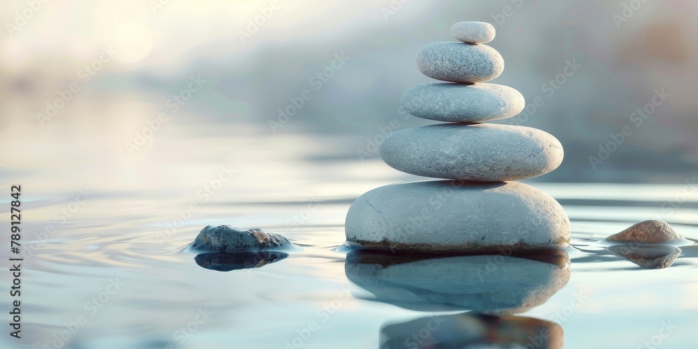 A row of white rocks are floating on the surface of a body of water. The scene is serene and peaceful, with the rocks creating a sense of calmness and tranquility. The water appears to be still - obrazy, fototapety, plakaty 