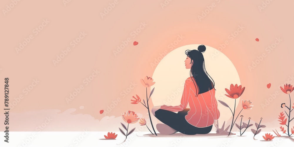 A woman is sitting in a field of flowers, with a sun in the background. Concept of peace and tranquility, as the woman is surrounded by nature and the sun is shining brightly