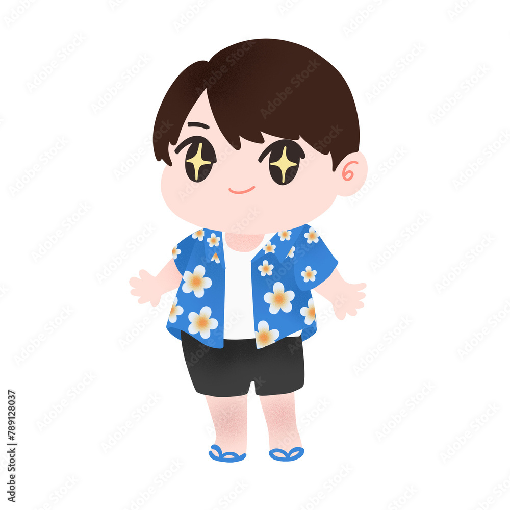 cute character floral shirt holding water gun cartoon illustration, Thailand Songkran Festival cute character floral shirt holding water gun cartoon illustration, Thailand Songkran Festival