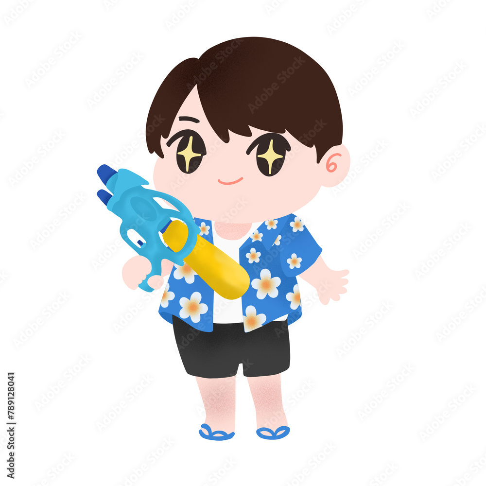 cute character floral shirt holding water gun cartoon illustration, Thailand Songkran Festival cute character floral shirt holding water gun cartoon illustration, Thailand Songkran Festival