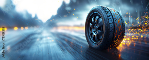Car tire on fire. Speed and motion effect with sparks and bright lights on wet asphalt. Banner with copy space. Generative AI photo