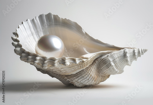 Round pearl in a shell on a white delicate pastel background. Generative AI