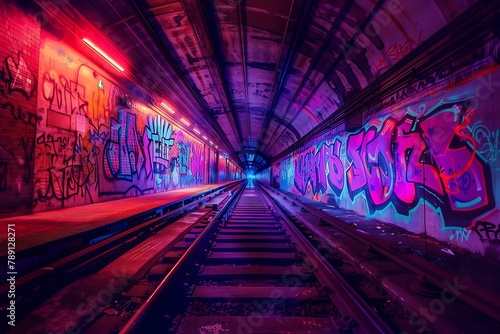 : A forgotten subway tunnel adorned with fluorescent graffiti. The train tracks vanish into the distance, disappearing into a world of vibrant chaos. #789128271