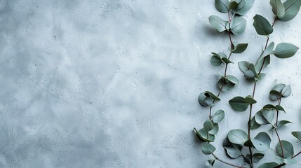Feminine styled stock photo Floral composition of Green silver dollar eucalyptus leaves and branches Grunge concrete background Flat lay top view Empty space : Generative AI