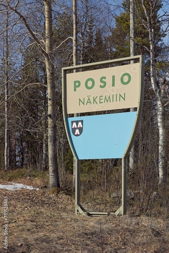 Goodbye from Posio (Posio Näkemiin) sign on the side of the road in spring, Posio, Lapland, Finland.