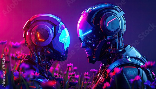 In a rural meadow, a towering metallic robot gazes lovingly into the eyes of a delicate, human-like android entwined in wildflowers Digital rendering techniques, emotive, futuristic