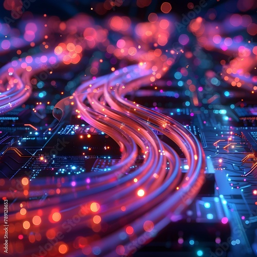 Futuristic Quantum Chipset Connected by Shimmering Fiber Optic Cables Representing Ultra Fast Data Exchange and Digital Network