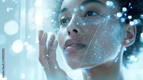 Young woman experiencing a futuristic skin-care technology with glowing digital particles