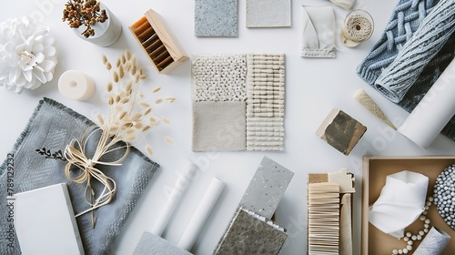 Flat lay of creative architect moodboard composition with samples of building textile and natural materials and personal accessories Top view  white background template : Generative AI photo