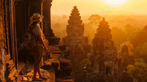 An Italian woman exploring the ancient temples of Southeast Asia, her figure illuminated by the golden hour sunlight, capturing the essence of adventure and cultural richness.