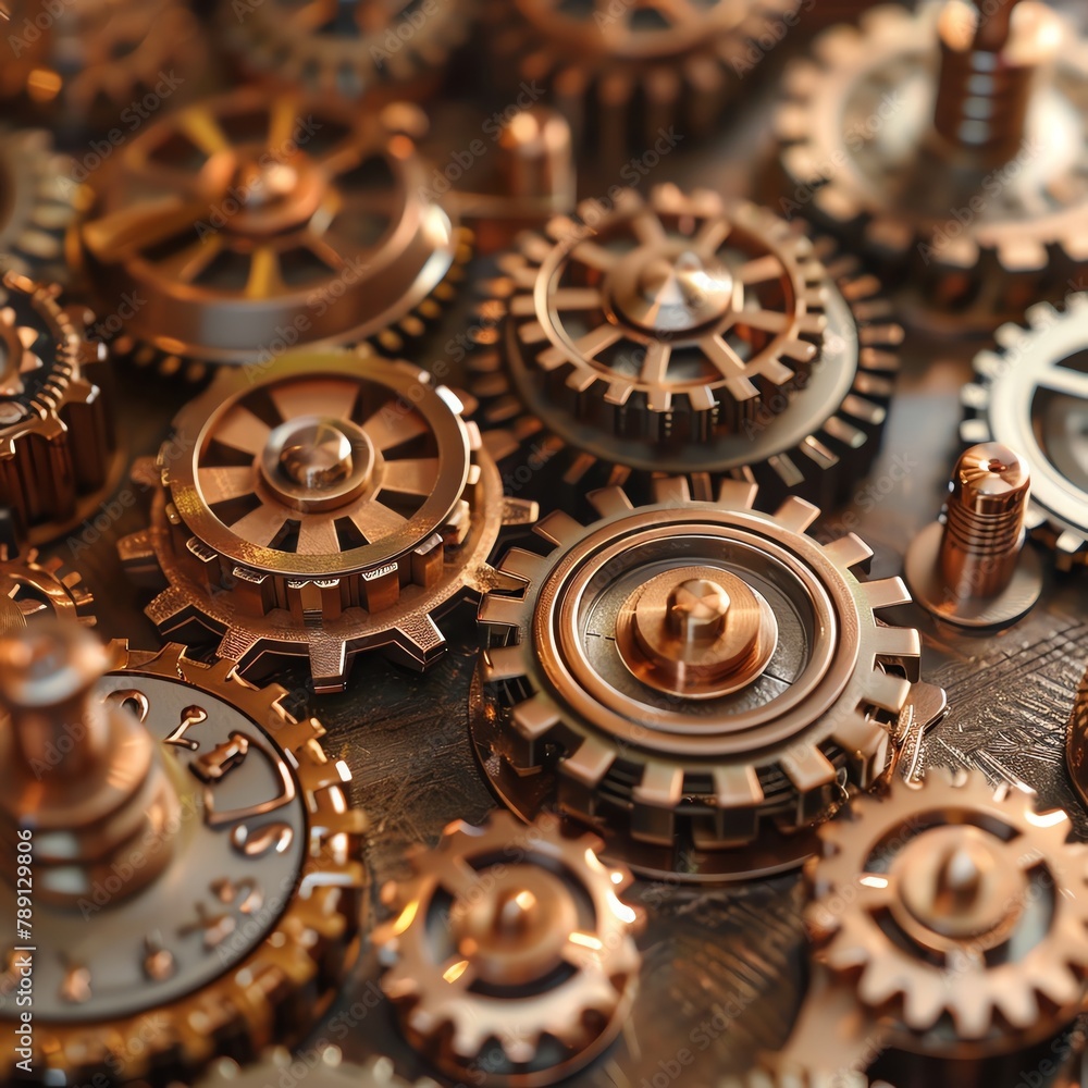 Steampunkinspired workshop filled with vintage brass and copper gears - obrazy, fototapety, plakaty 