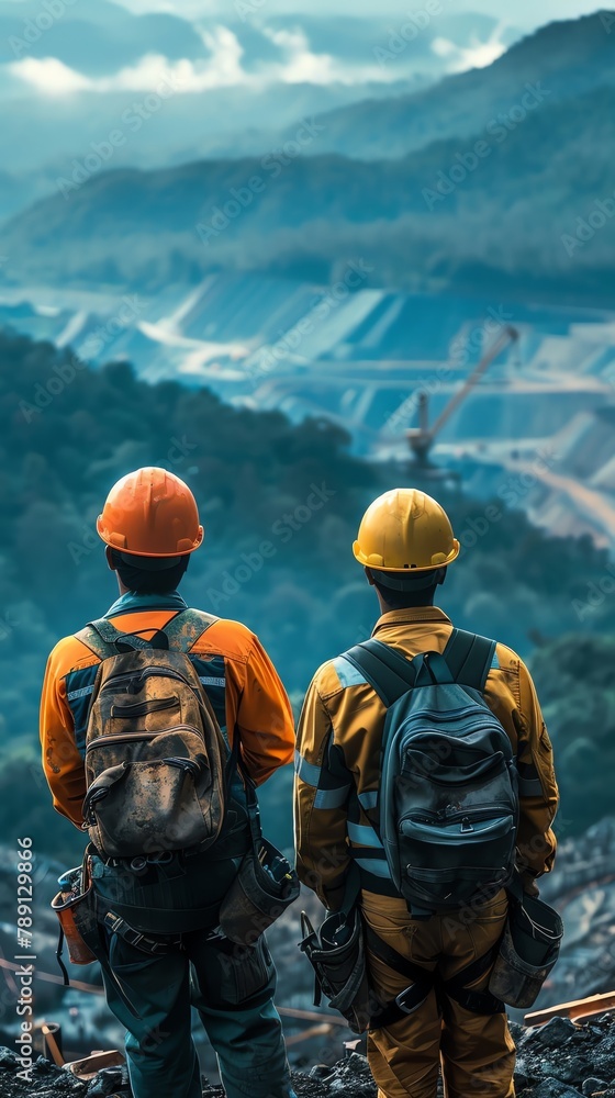 Two figures in professional workwear, back to us, admiring the view from a mountainous construction site Two figures in professional workwear, back to us, admiring the view from a mountainous construction site