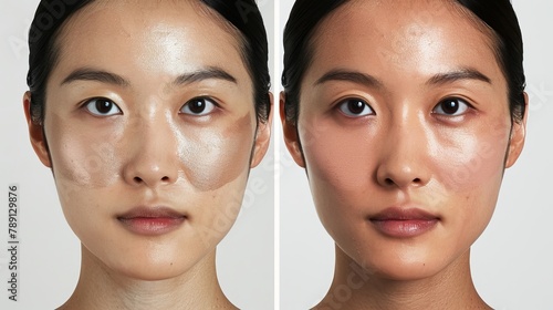 Before and after foundation application: showcasing smooth, natural-looking skin transformation on an Asian woman