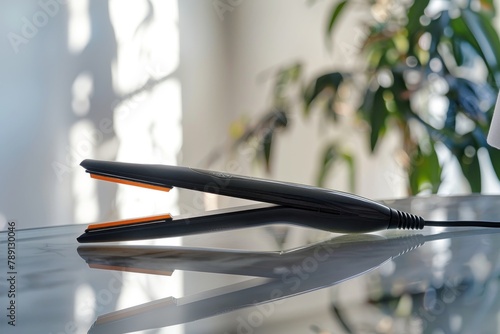 Sleek modern hair straightener with orange accents on a shiny surface photo