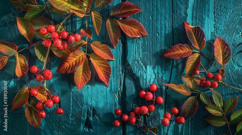 Two branches of autumn leaves Spiraea Vanhouttei and small red fruits Rowans on a dark bluegreen painted wooden background : Generative AI photo