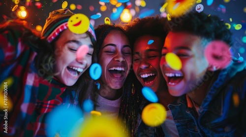 Joyful teenage friends celebrating with confetti and colorful lights