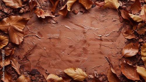 Frame border from dry fallen leaves on the modern bieg terracotta stone background Thanksgiving autumnal background top view flat lay : Generative AI photo