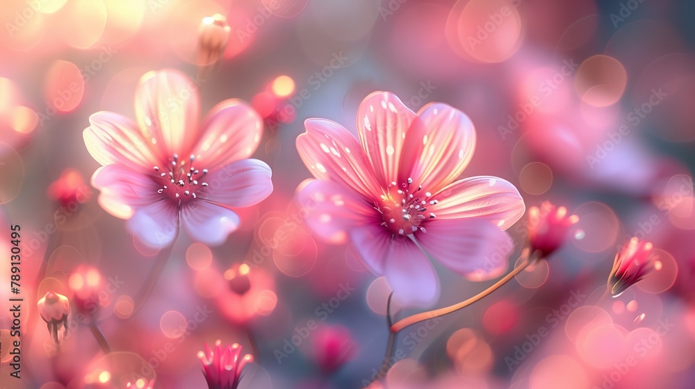 Close up of pink flowers in a field, macro photography