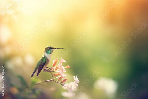 Small Hummingbird flying around the flowers with beautiful blurry foliage background. Beautiful bird feeding in the spring season.