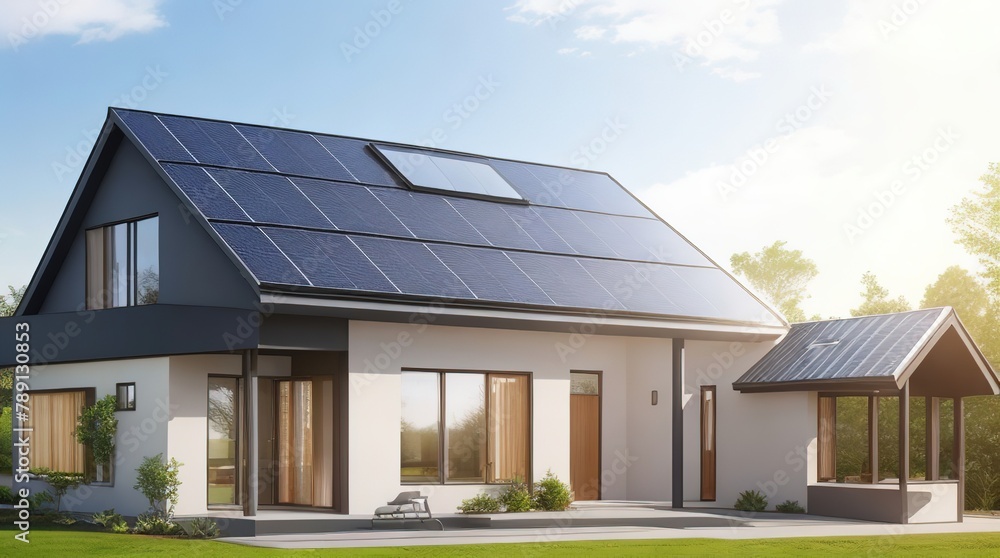 House with Solar Panels on Roof and in Front House with Solar Panels on Roof and in Front