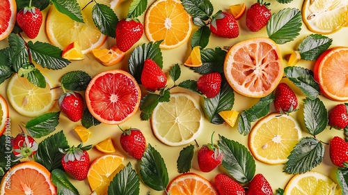 Colorful pattern made of citrus fruits leaves and strawberries : Generative AI photo