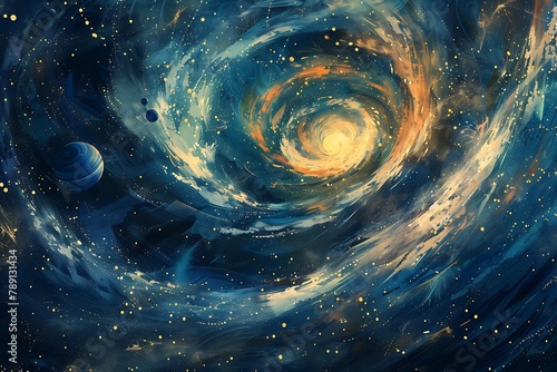   A detailed brush painting of a swirling galaxy full of stars and planets