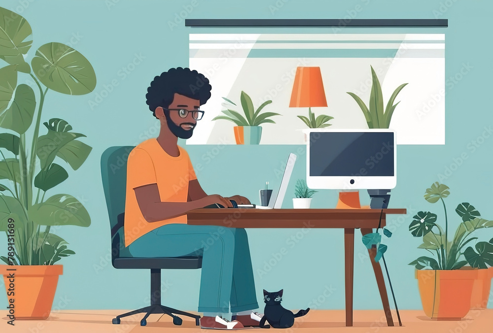 cartoon black man sitting at home working vector illustration cartoon black man sitting at home working vector illustration