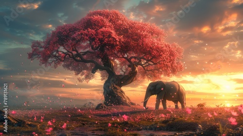 Elephant standing by the pink blooming tree  © Jasenko