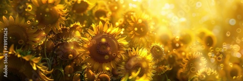 Vibrant Sunflowers Glowing in Ethereal Light A Closeup Cluster Blooming with Summer Joy photo