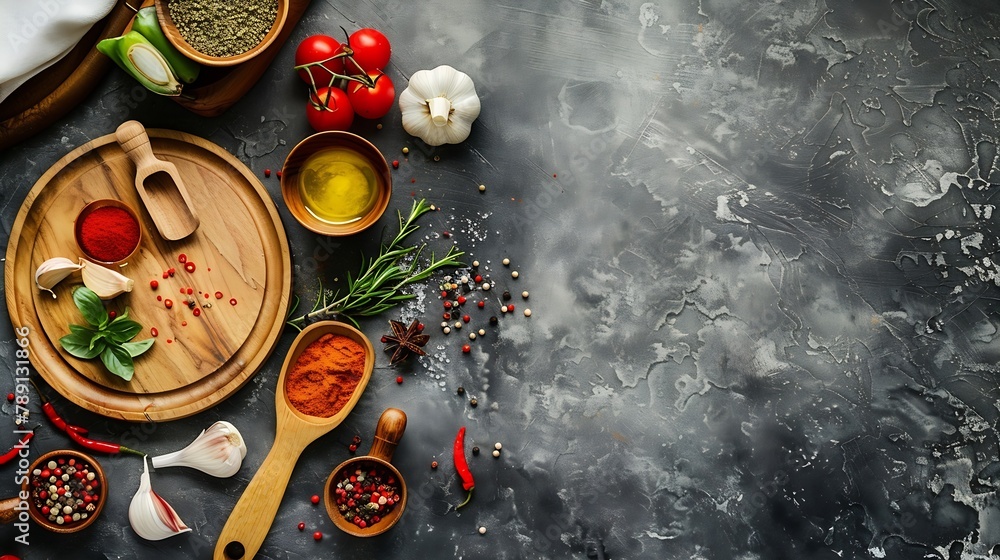 Cooking wooden utensils empty plate condiments and spices on stone kitchen table Food cooking template concept Top view with copy space Flat lay : Generative AI Cooking wooden utensils empty plate condiments and spices on stone kitchen table Food cooking template concept Top view with copy space Flat lay : Generative AI