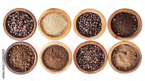 Flat lay of Different types of grinds coffee in wooden bowl isolated on white background Clipping path : Generative AI