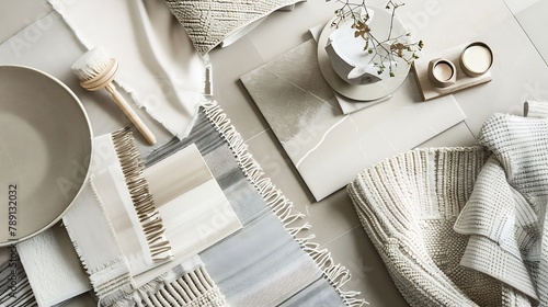 Creative flat lay composition with textile and paint samples panels and cement tiles Stylish interior designer moodboard Light beige and gray color palette Copy space Template : Generative AI