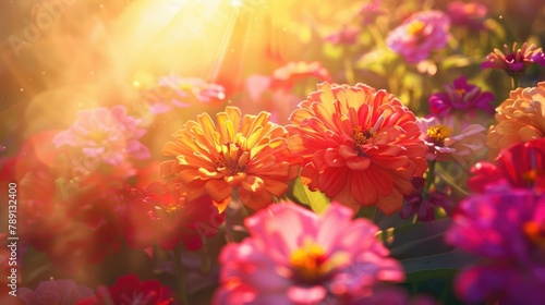 Vibrant Zinnias Cluster Glowing in Ethereal Sunlight CloseUp Shot of Radiant Blooms