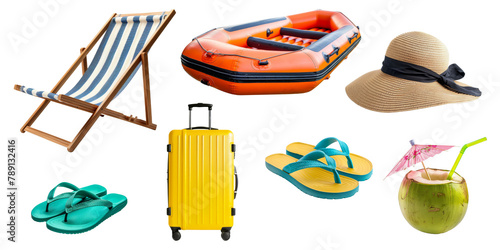 Set of Summer accessories elements for holiday vacation isolated on background, Beach items for swimming and relax, beach ball, seashell, hat and other.