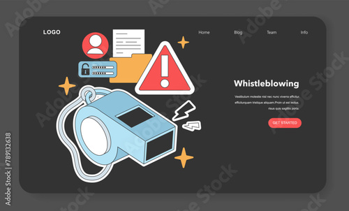 Illustrative concept highlighting the importance of whistleblowing in the digital age, with symbols of alert, document security, and user confidentiality. Flat vector illustration