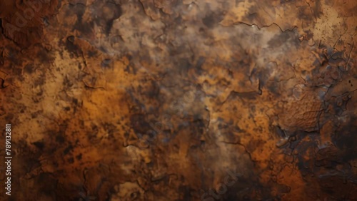 An abstract rusty metal texture background in shades of deep brown and ocher. The oxidation and degradation of the metal surface has formed a distinctive coloration and pattern. 