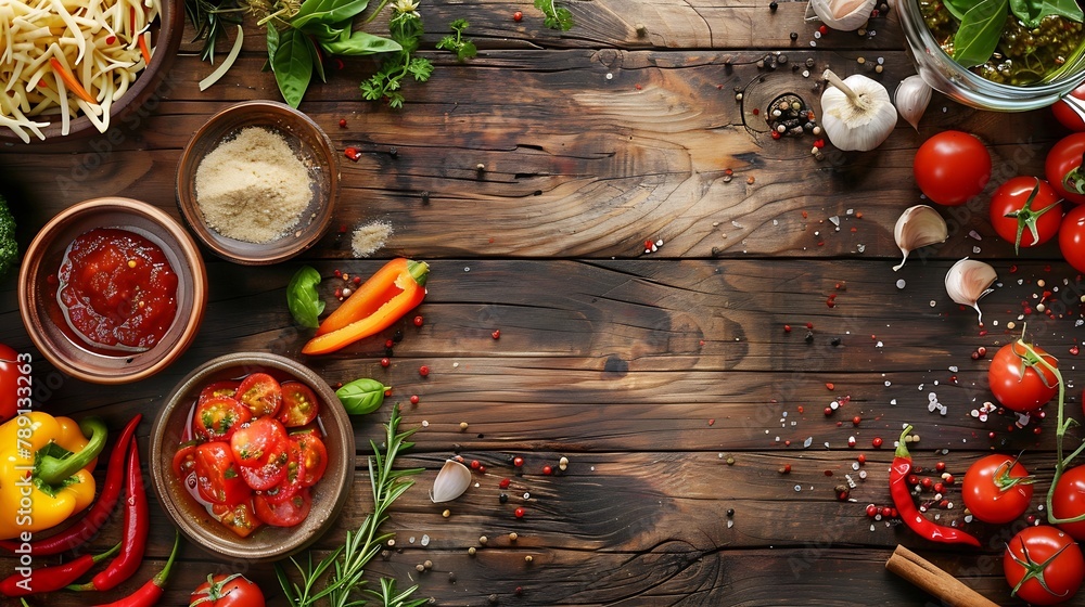 Delicious lecho and ingredients on wooden table flat lay : Generative AI Delicious lecho and ingredients on wooden table flat lay : Generative AI