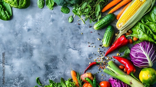 Food background border frame of colorful fresh produce raw vegetables corn carrot chilli cucumber purple cabbage spinach rosemary herb plenty of copyspace : Generative AI