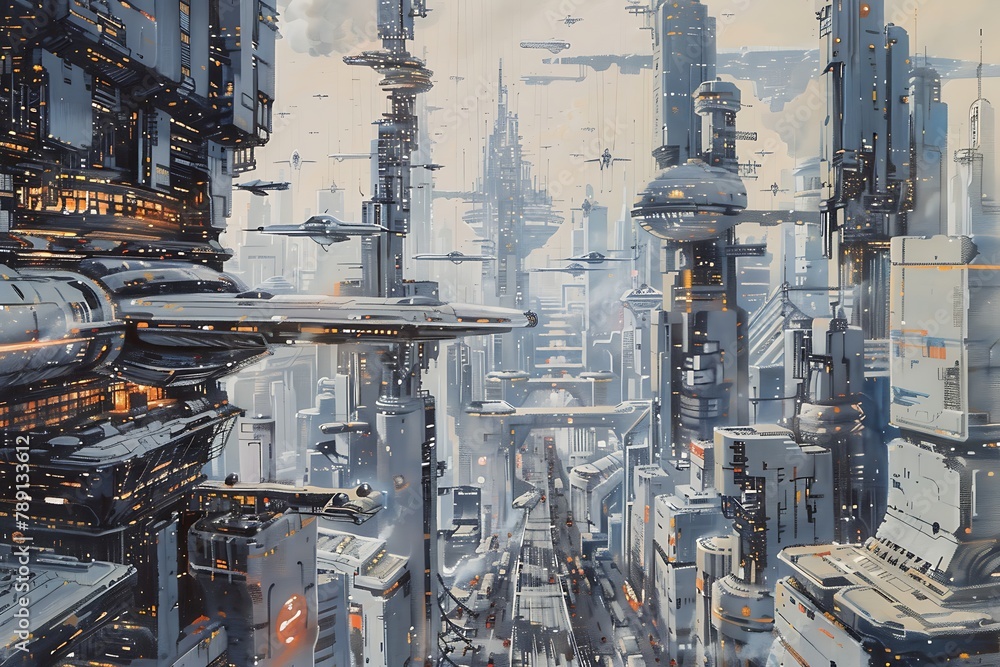 : A detailed brush painting of a futuristic cityscape with towering skyscrapers and flying cars