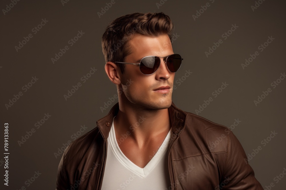 Portrait of a tender man in his 30s wearing a trendy sunglasses while standing against blank studio backdrop Portrait of a tender man in his 30s wearing a trendy sunglasses while standing against blank studio backdrop